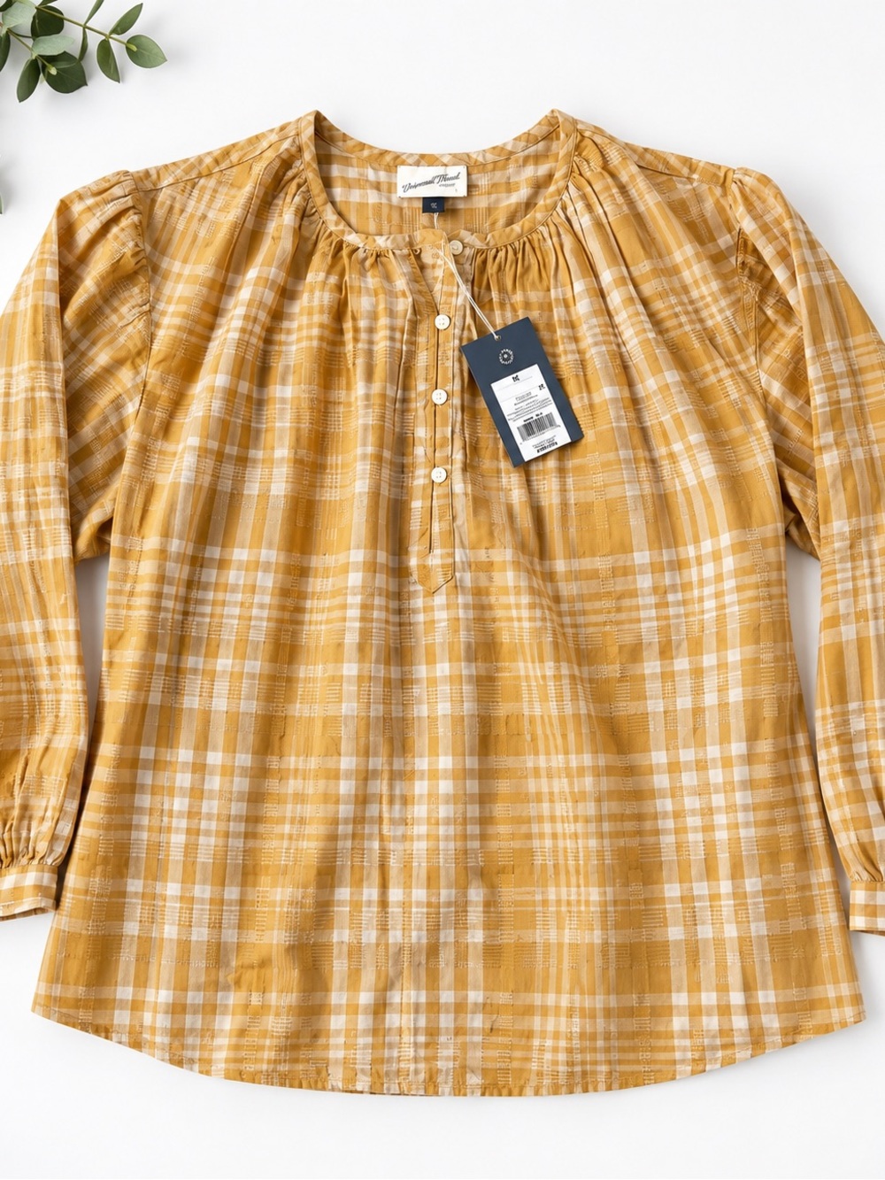 Universal Thread Mustard Plaid Peasant Blouse
